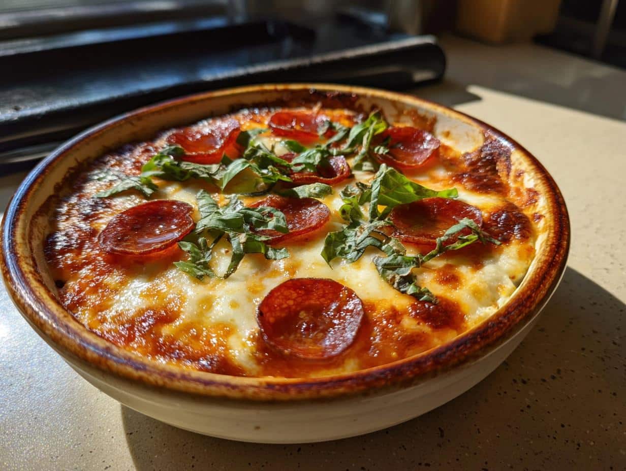 A close-up of a baked Cottage Cheese Pizza Bowl topped with melted cheese, pepperoni slices, and fresh basil.