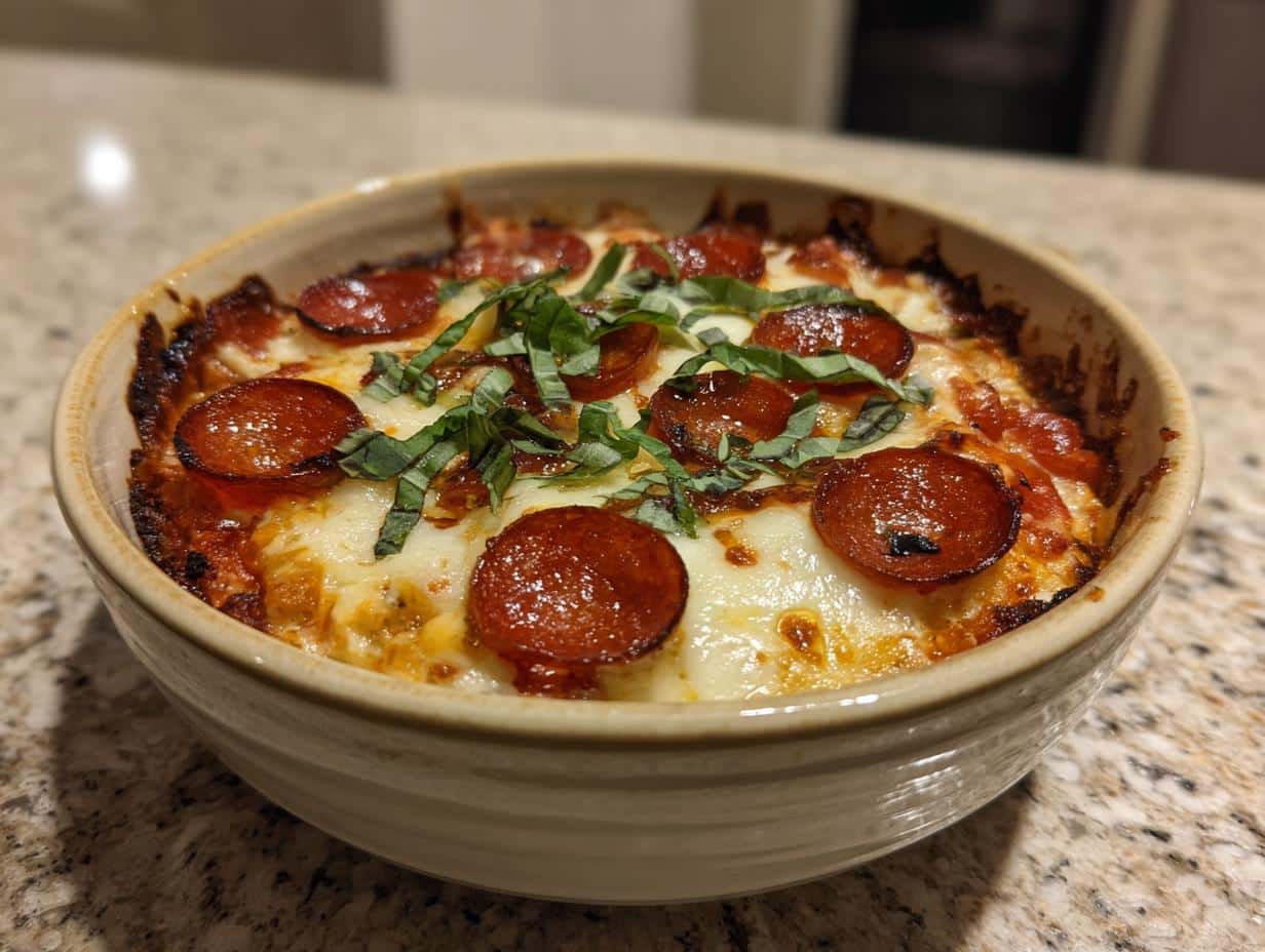 A close-up of a baked Cottage Cheese Pizza Bowl topped with melted cheese, pepperoni, and fresh basil.