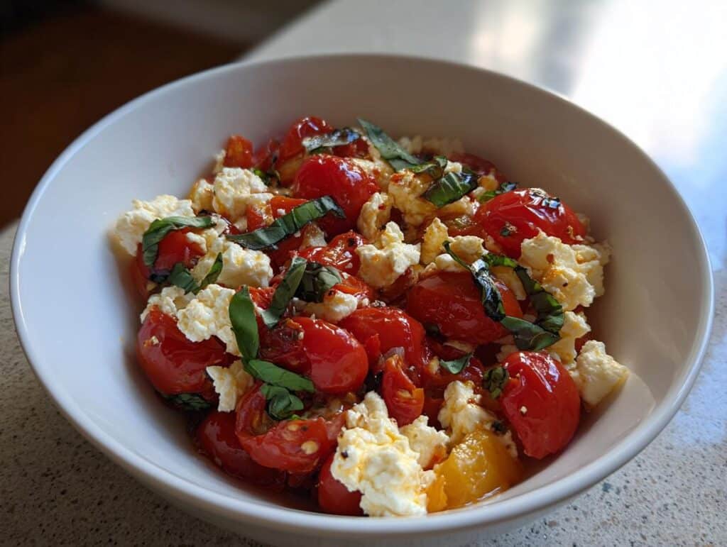 A bowl of Baked Feta Pasta 2.0 featuring roasted cherry tomatoes, feta cheese, and fresh basil.