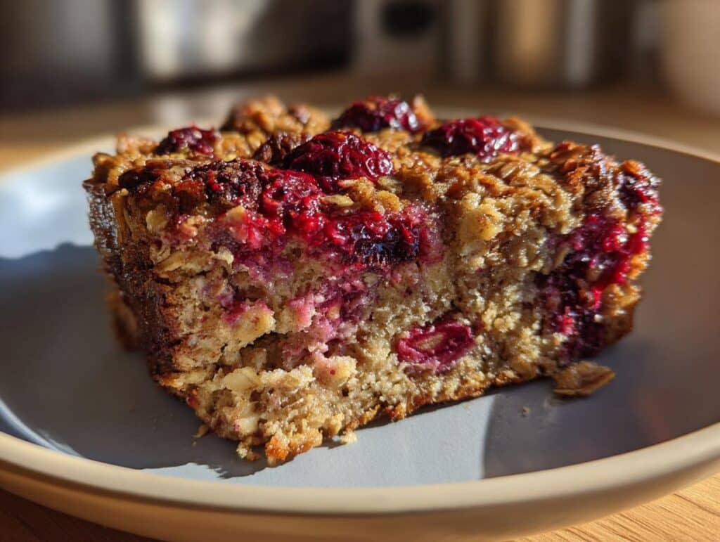 A slice of homemade Baked Oatmeal Cake with fresh berries on a gray plate, ready to eat.