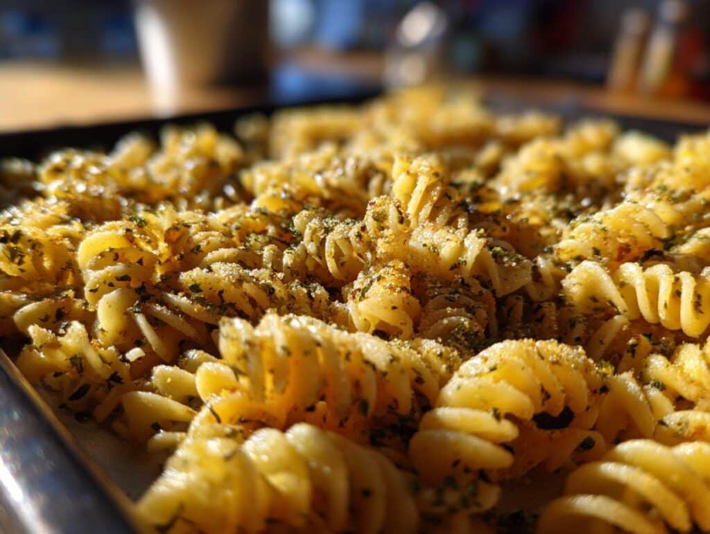 Close-up of golden brown Pasta Chips seasoned with herbs, fresh out of the oven.