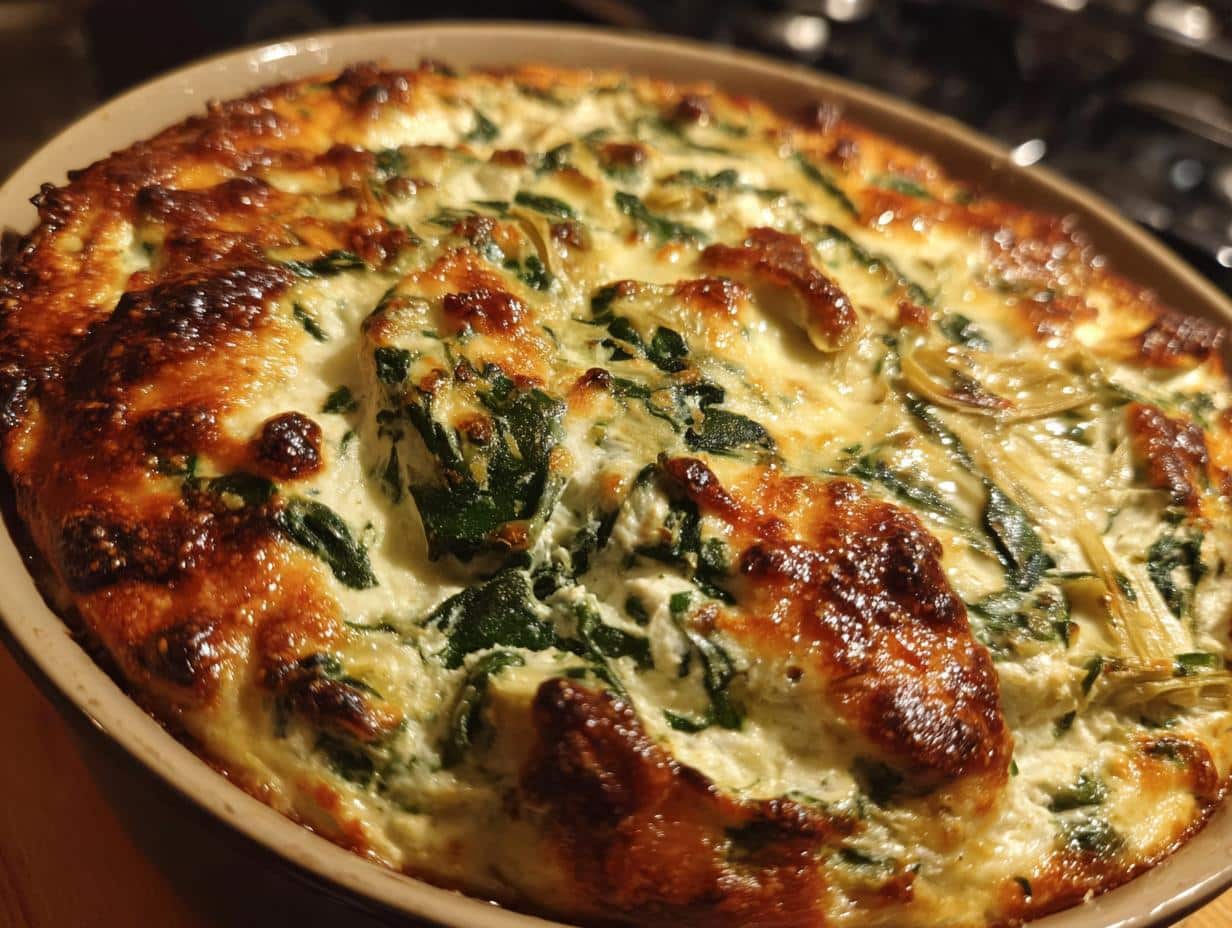 Close-up of a golden-brown, bubbly baked spinach artichoke dip recipe in a round casserole dish.