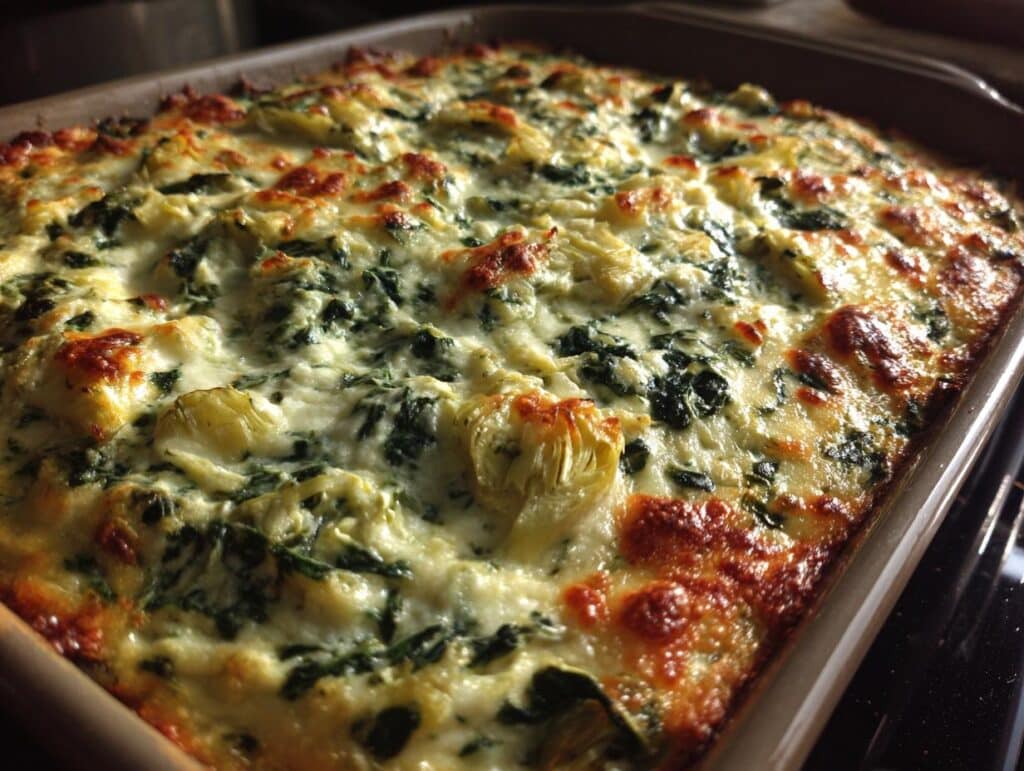 Close-up of a bubbling, golden-brown baked spinach artichoke dip recipe in a rectangular casserole dish.