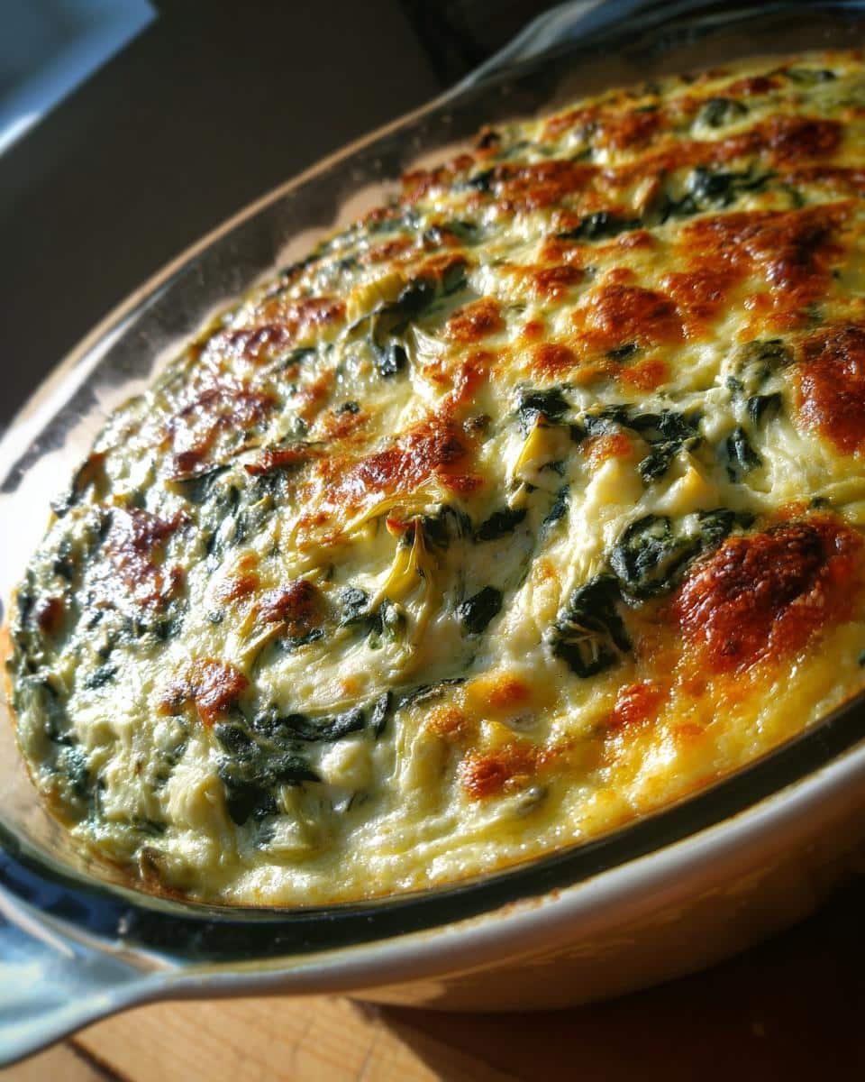 Close-up of a bubbling, golden-brown baked spinach artichoke dip recipe in a glass casserole dish.