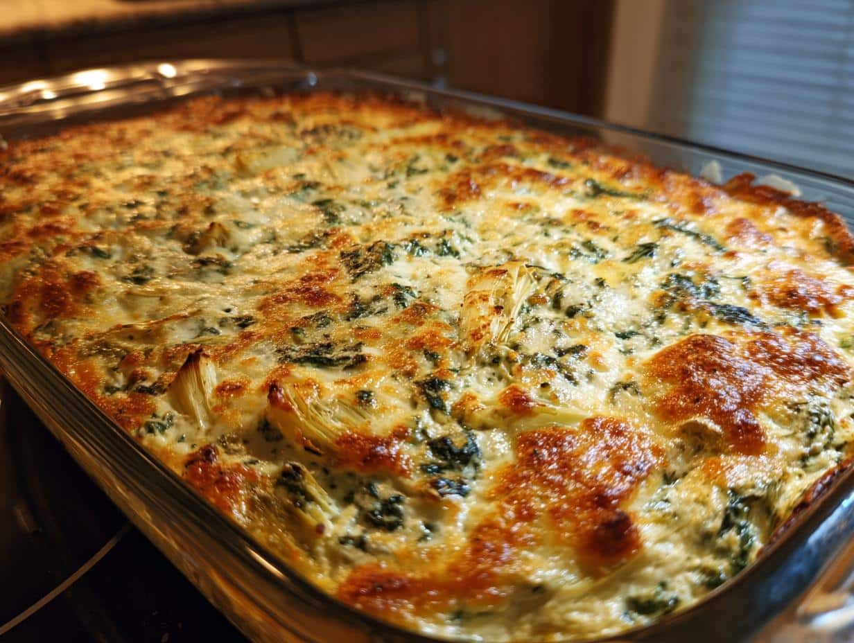 A close-up shot of a freshly baked spinach artichoke dip recipe in a clear glass baking dish, with golden brown cheese.