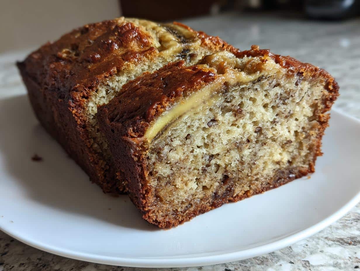 A close-up of a golden-brown loaf of Banana Bread Recipe With Sour Cream, showing a sliced end revealing moist texture.
