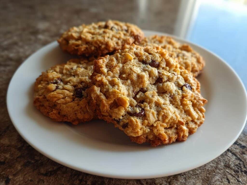 A plate of golden-brown banana cookies easy oatmeal recipe, studded with chocolate chips or raisins, ready to be enjoyed.
