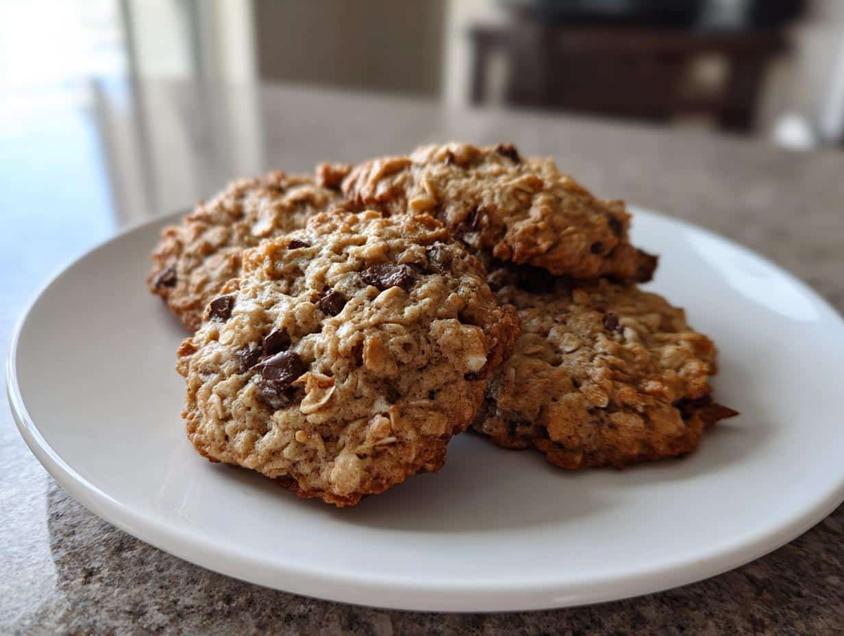 A close-up of several freshly baked banana cookies easy oatmeal recipe with chocolate chips on a white plate.