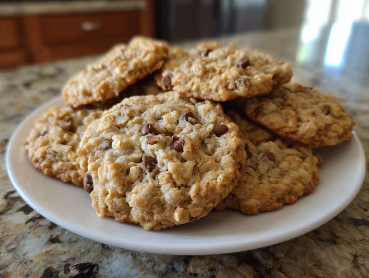 A close-up of a white plate piled high with golden-brown banana cookies easy oatmeal recipe, studded with chocolate chips.