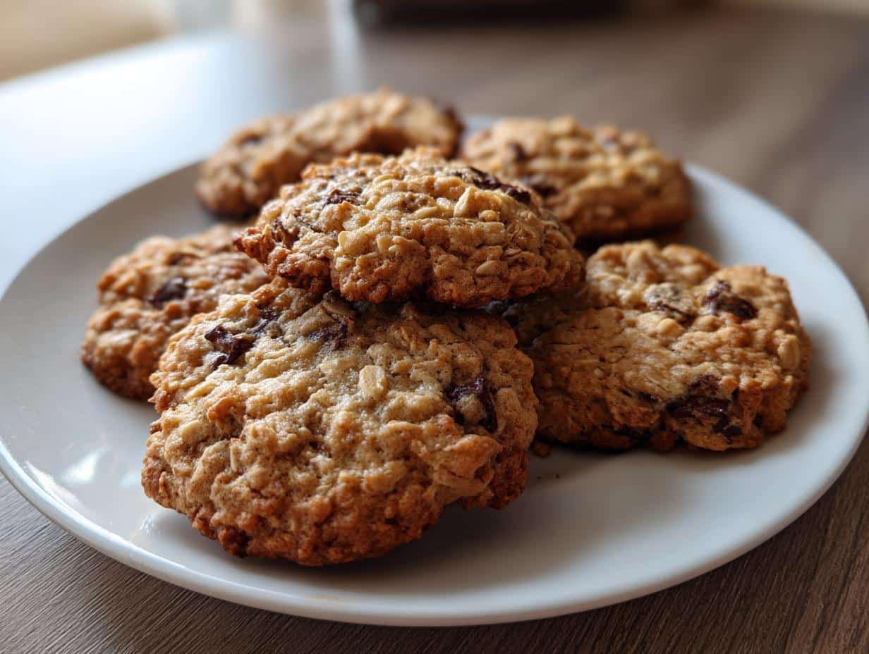 A close-up of a white plate filled with several golden-brown banana cookies easy oatmeal recipe, some with chocolate chips.