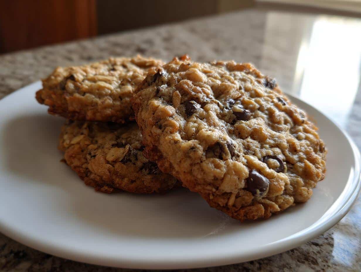Three golden-brown banana cookies easy oatmeal recipe, studded with chocolate chips, on a white plate.