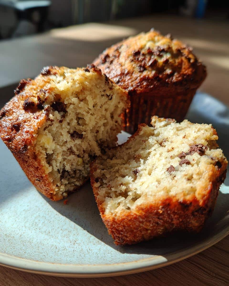 Two Banana Protein Muffins on a plate, one whole and one split in half, revealing a moist interior with chocolate chips.