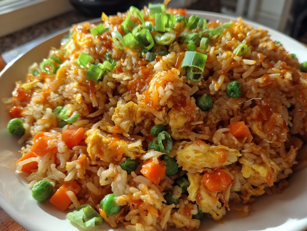 A close-up of a plate of Bang Bang Fried Rice, garnished with chopped green onions and a drizzle of sauce.
