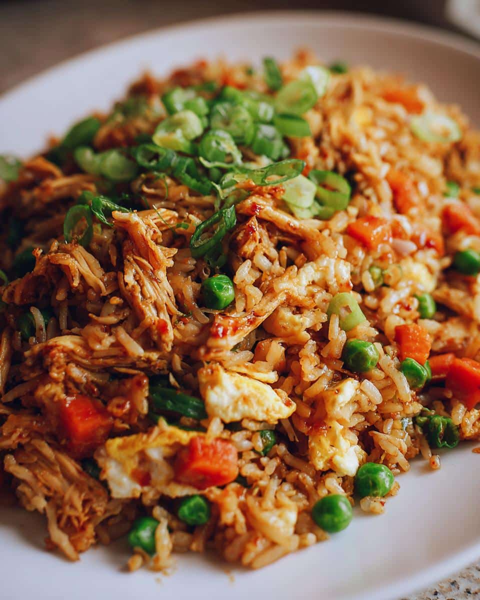 A close-up shot of Bang Bang Fried Rice with shredded chicken, peas, carrots, scrambled egg, and green onions.