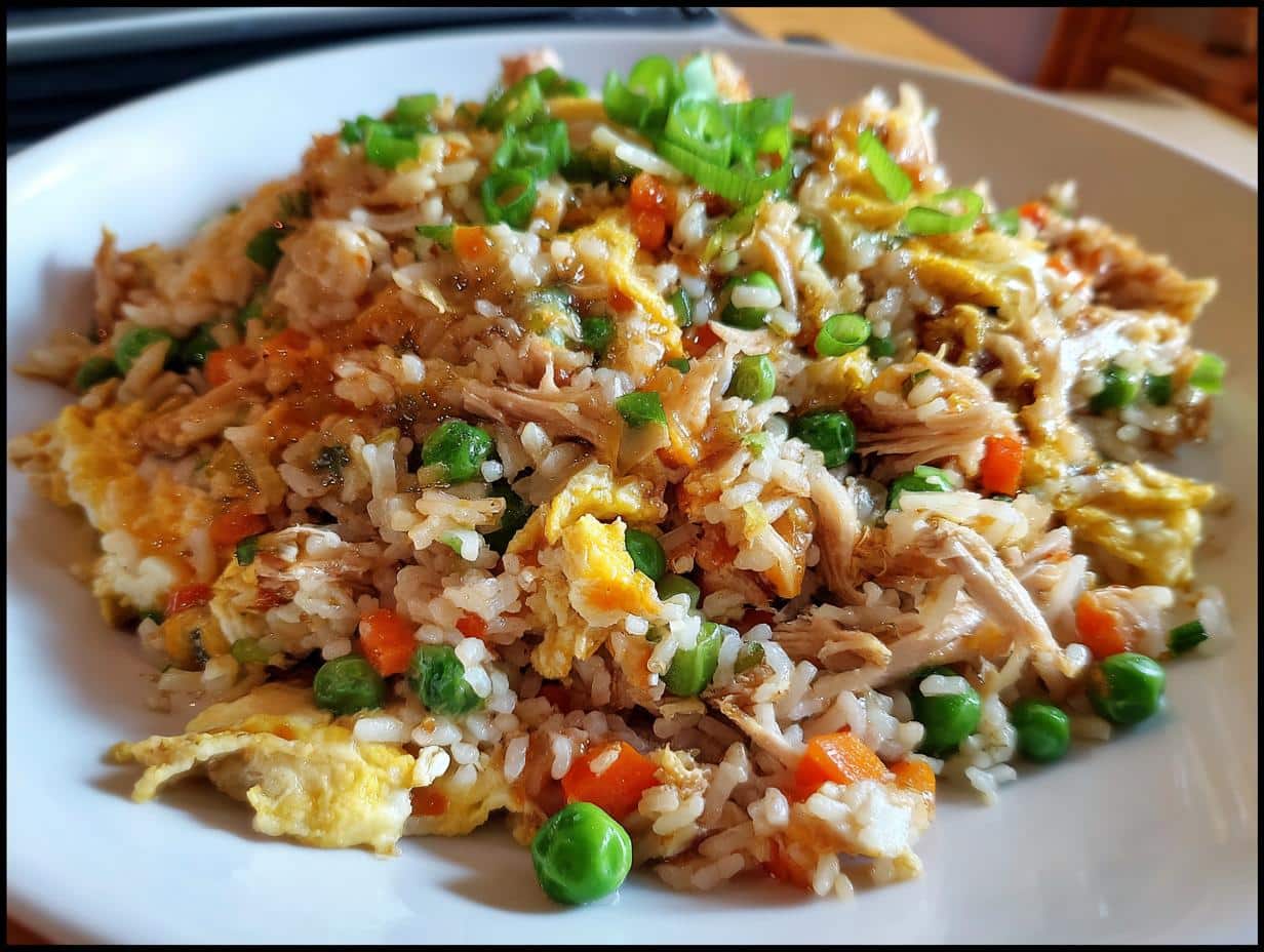A close-up shot of Bang Bang Fried Rice on a white plate, showing rice, shredded chicken, peas, carrots, scrambled egg, and green onions.