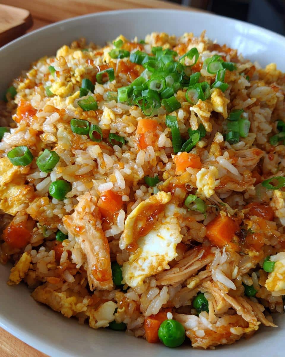A close-up of a bowl of Bang Bang Fried Rice, garnished with fresh green scallions, peas, carrots, and scrambled egg.