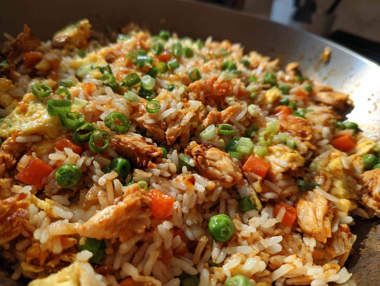 Close-up of Bang Bang Fried Rice in a pan, showing rice, chicken, peas, carrots, scrambled egg, and green onions.