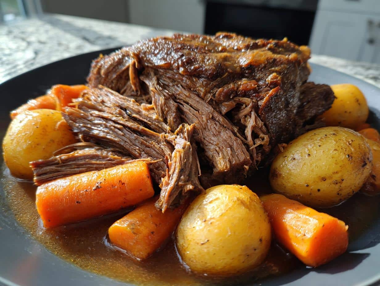A close-up of a delicious beef roast crockpot recipe, featuring tender shredded beef, whole baby potatoes, and carrots in a rich gravy.