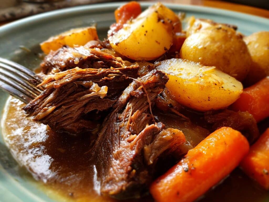 Close-up of a fork pulling apart tender beef roast from a crockpot recipe, served with roasted potatoes and carrots.