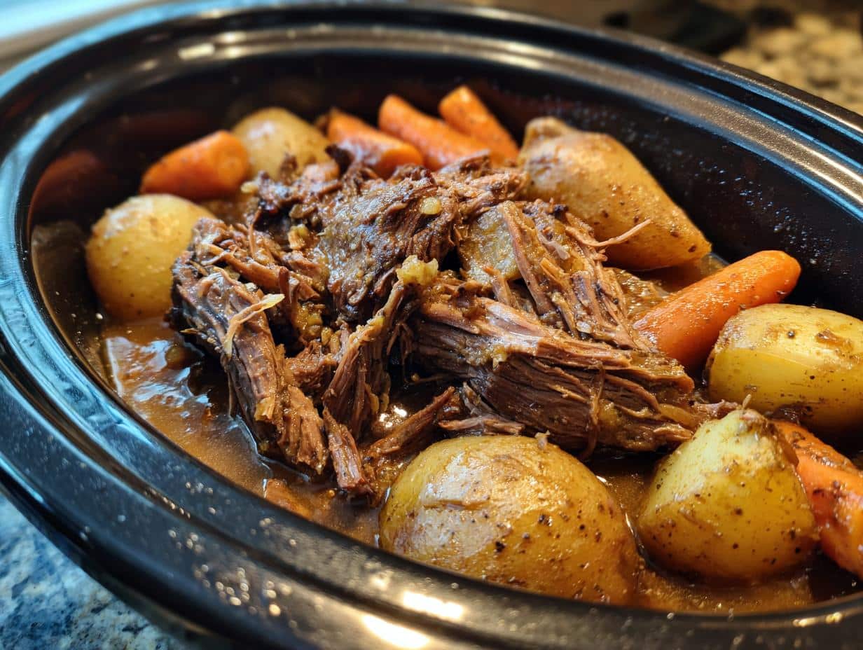 Close-up of a cooked beef roast crockpot recipe with tender shredded beef, whole potatoes, and carrots in a rich gravy.