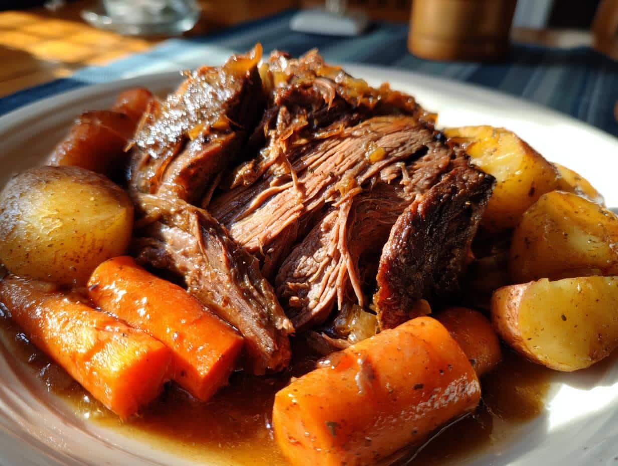 Close-up of a delicious beef roast crockpot recipe served with tender carrots and potatoes on a white plate.