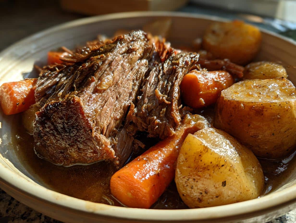 Close-up of a delicious beef roast crockpot recipe with tender meat, carrots, and potatoes in a savory gravy.