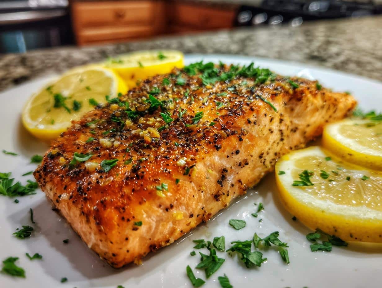 A close-up of a perfectly cooked best air fryer salmon fillets, garnished with fresh parsley and lemon slices.