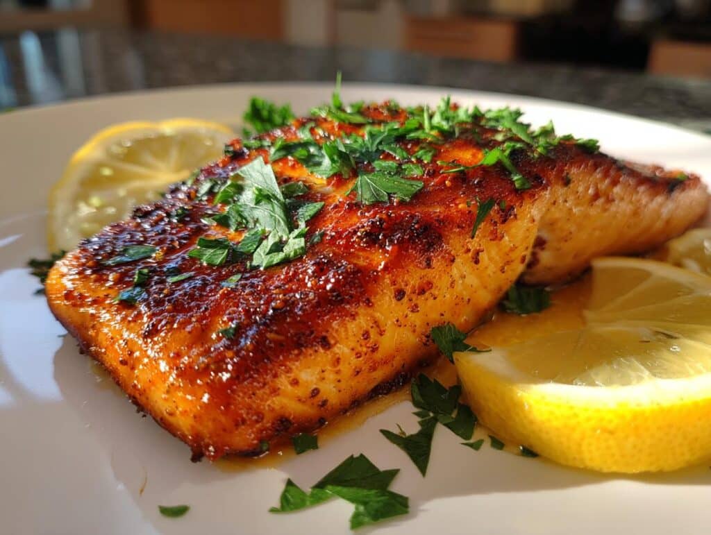 Close-up of a golden-brown best air fryer salmon fillets, garnished with fresh parsley and lemon slices on a white plate.