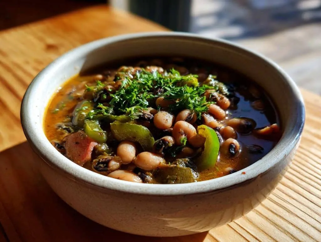 A close-up of a rustic bowl filled with Best Crock Pot Black Eyed Peas, garnished with fresh parsley and green bell pepper.