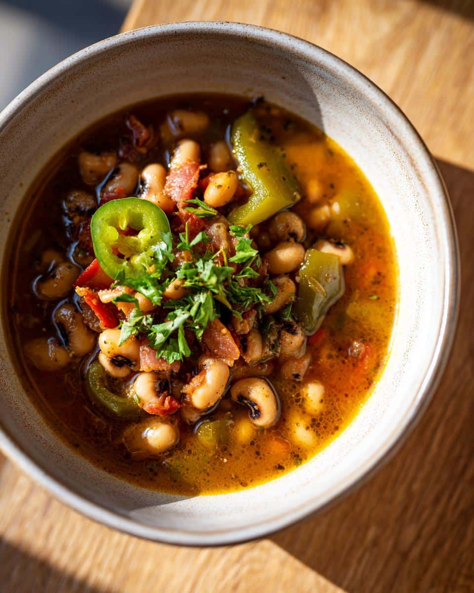 Close-up of a bowl of Best Crock Pot Black Eyed Peas, garnished with fresh parsley, sliced jalapeño, and bacon bits.