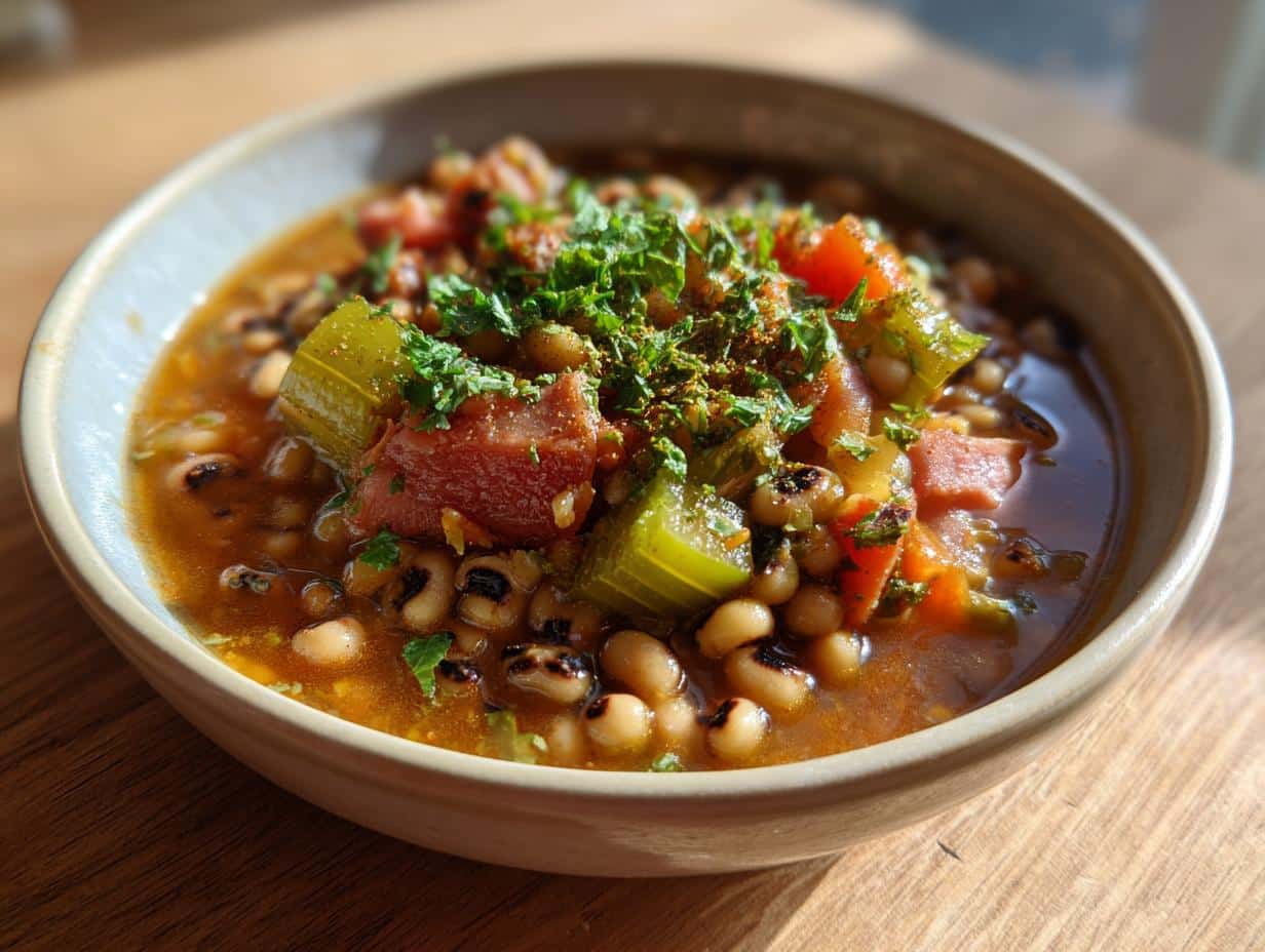 A close-up of a bowl filled with Best Crock Pot Black Eyed Peas, garnished with fresh parsley and spices.