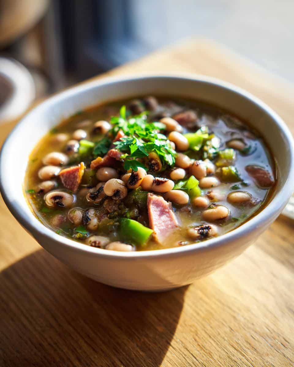 A close-up of a white bowl filled with Best Crock Pot Black Eyed Peas, garnished with fresh parsley, ham, and green peppers.