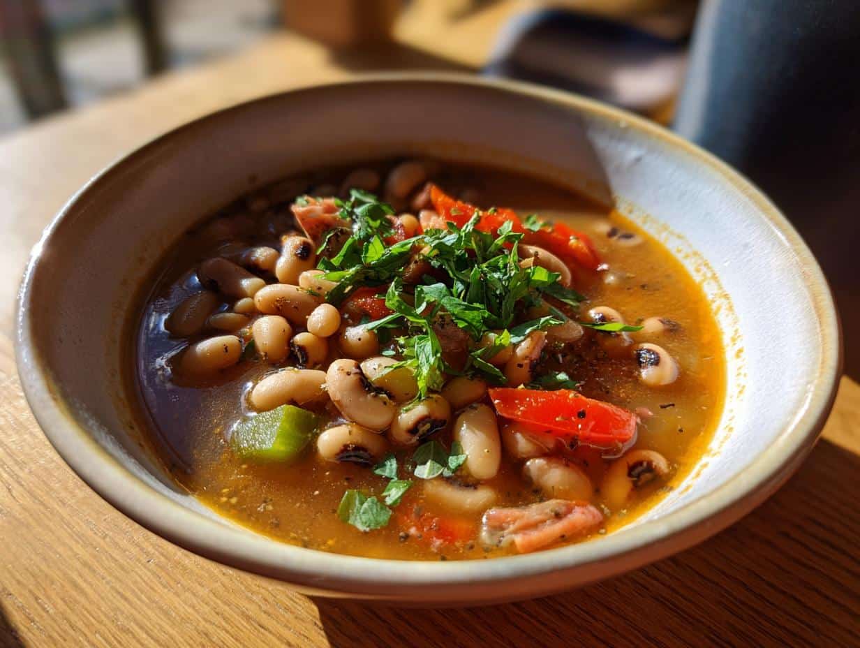 A close-up of a rustic bowl filled with Best Crock Pot Black Eyed Peas, garnished with fresh parsley and diced tomatoes.