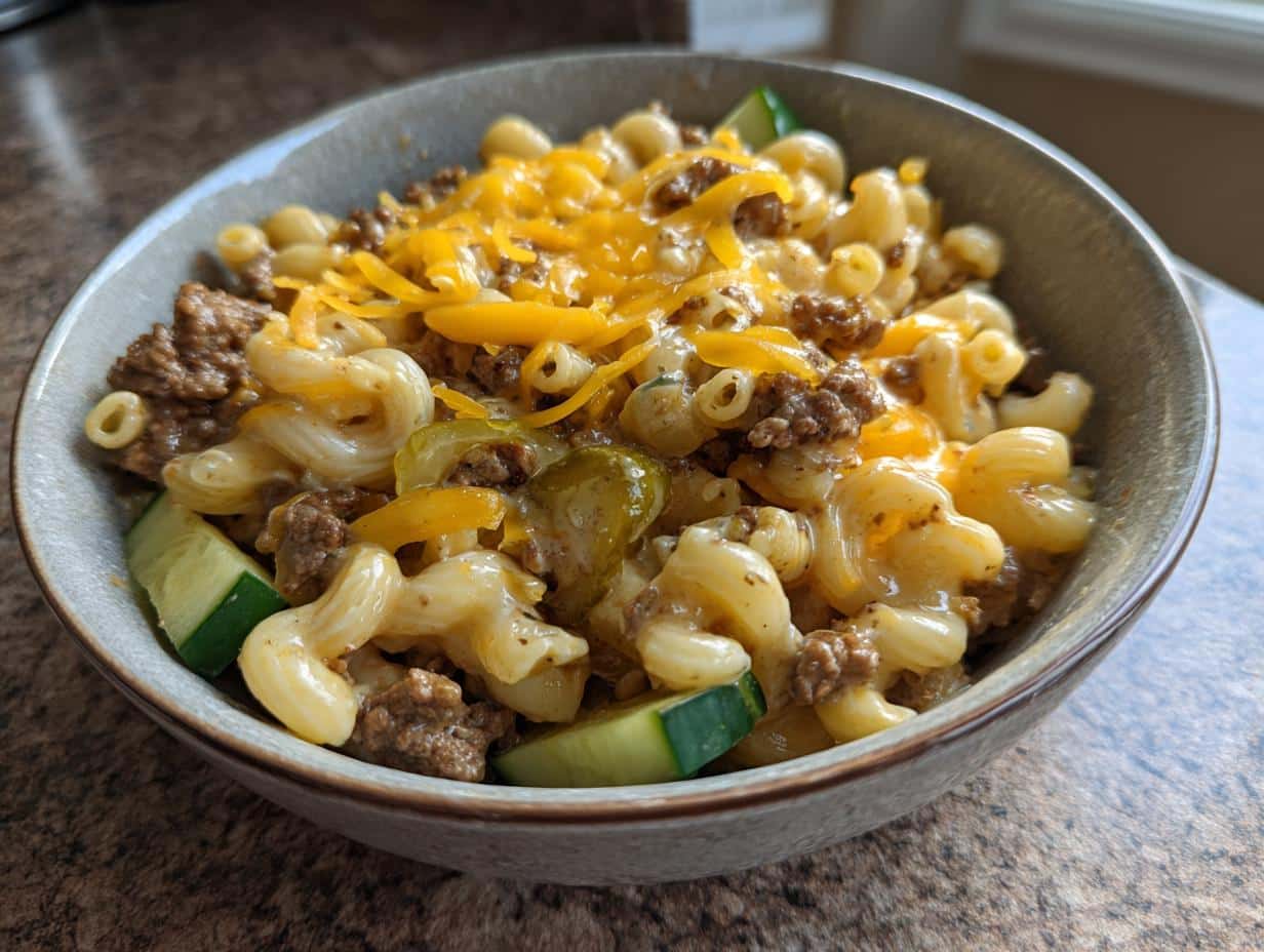 A close-up of a bowl filled with Big Mac Pasta Salad, featuring macaroni, ground beef, melted cheddar cheese, and cucumber slices.