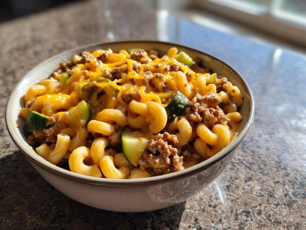 A close-up of a bowl filled with Big Mac Pasta Salad, featuring macaroni, ground beef, melted cheese, and zucchini.
