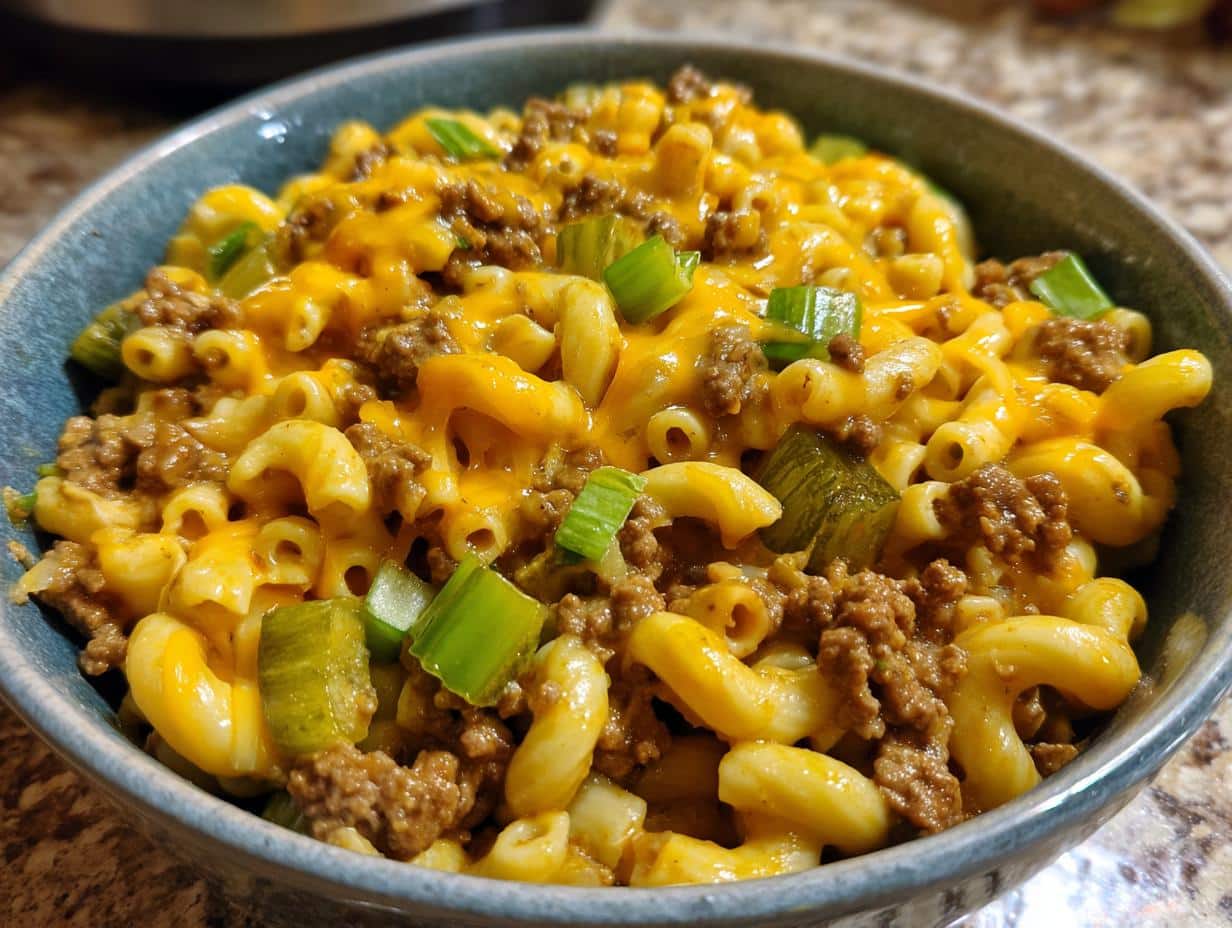 A close-up of Big Mac Pasta Salad in a blue bowl, featuring macaroni, ground beef, melted cheese, pickles, and green onions.