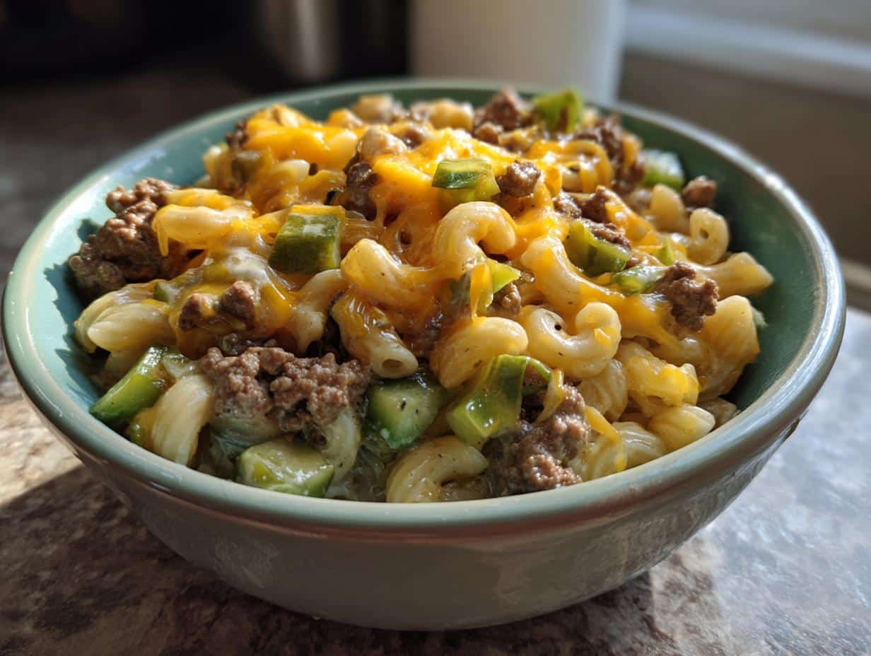 Close-up of Big Mac Pasta Salad in a light green bowl, showing macaroni, ground beef, melted cheese, and green peppers.