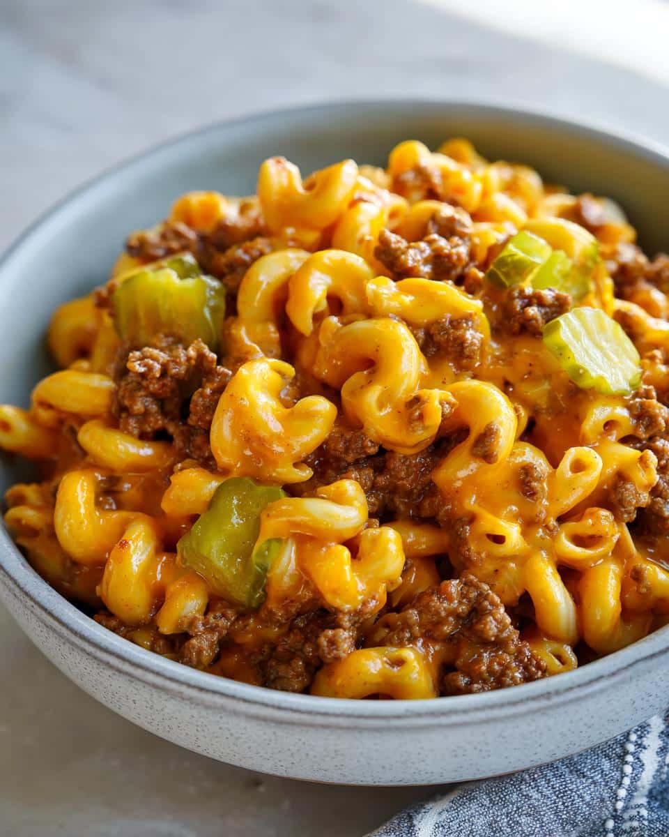 A close-up shot of Big Mac Pasta Salad in a grey bowl, featuring elbow macaroni, ground beef, cheese sauce, and pickle pieces.