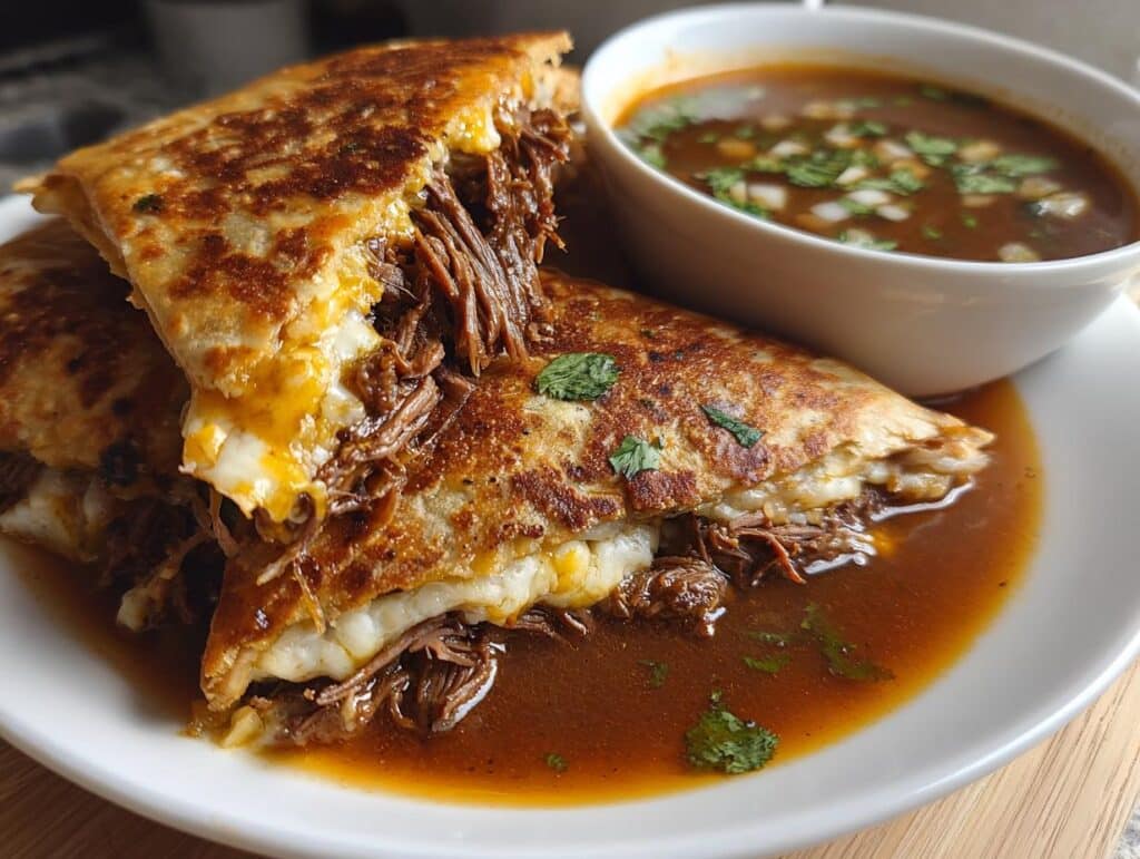 Two cheesy Birria Tacos on a plate with a side of consomé for dipping.