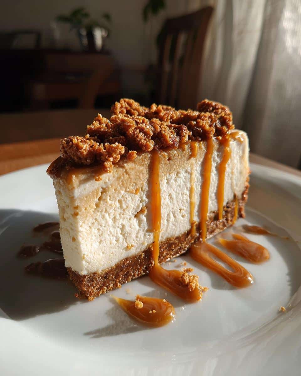 A close-up of a slice of Biscoff cheesecake on a white plate, topped with crushed Biscoff cookies and caramel drizzle. This is one of the delicious biscoff desserts.
