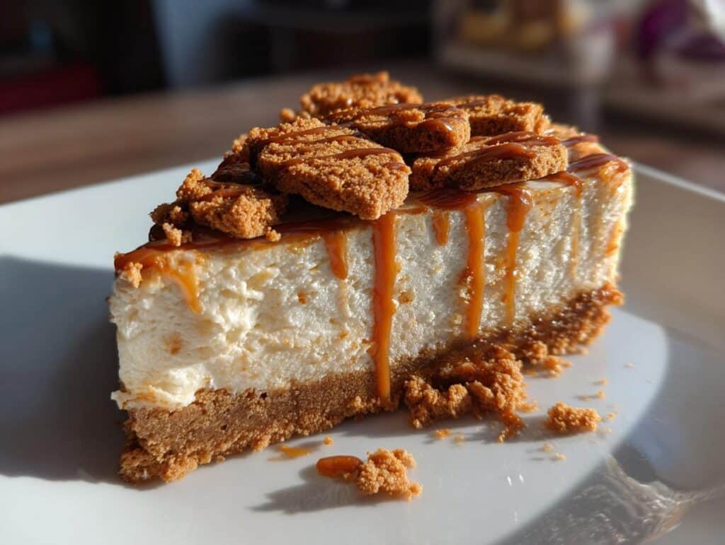 A close-up of a slice of creamy cheesecake topped with Biscoff cookies and caramel drizzle, perfect for biscoff desserts.