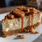 A close-up of a slice of creamy cheesecake topped with Biscoff cookies and caramel drizzle, perfect for biscoff desserts.