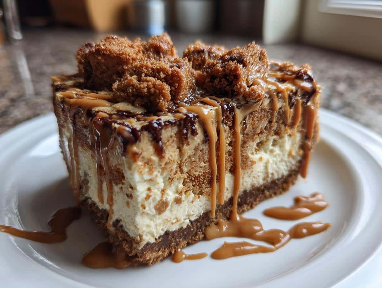 A close-up of a slice of layered biscoff desserts with creamy filling, cookie crumbs, and generous caramel and chocolate drizzles.