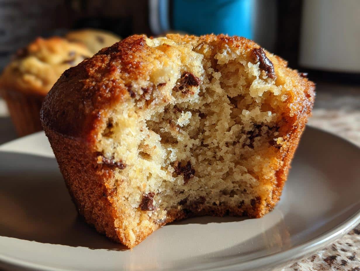 Close-up of a Banana Protein Muffin with a bite taken out, revealing its moist interior and chocolate chips.
