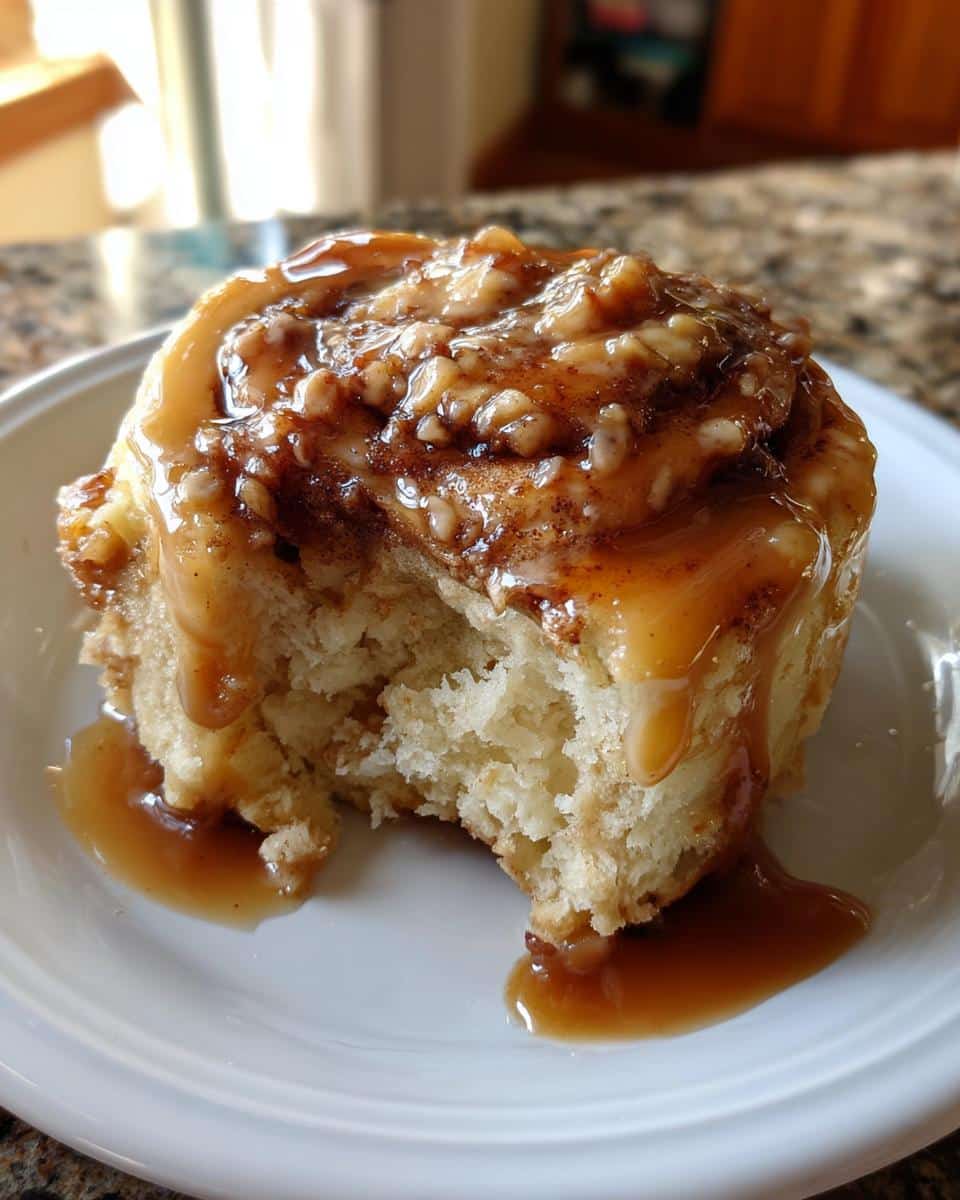 A close-up of a partially eaten Caramel Apple Cinnamon Roll with Caramel Glaze, showing the fluffy interior and dripping glaze.
