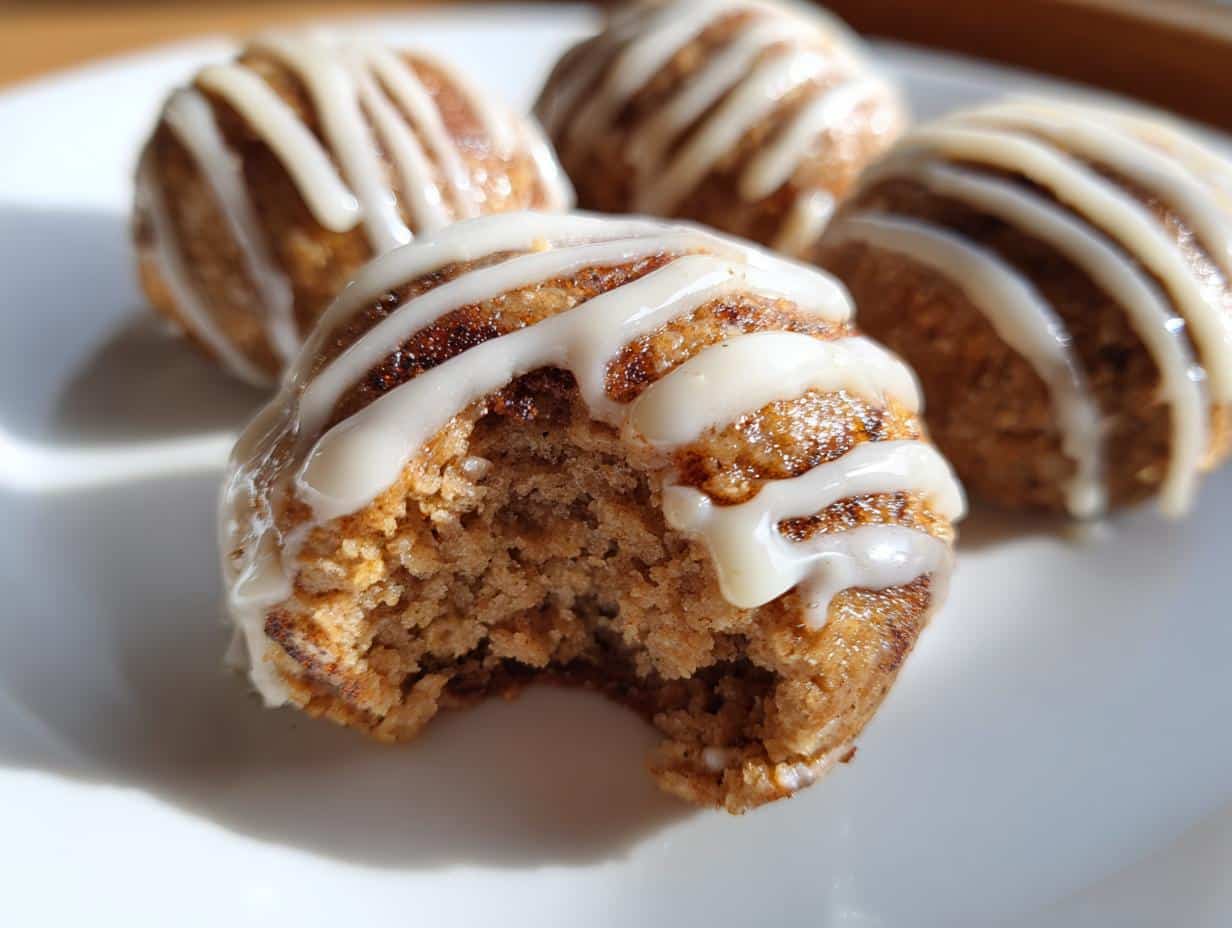 Close-up of a bitten Cinnamon Roll Protein Bite with white icing drizzle, showing its soft interior. Three other bites are in the background.