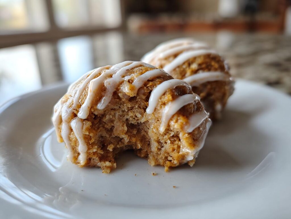 Close-up of a bitten Cinnamon Roll Protein Bite on a white plate, showing the texture and white icing.