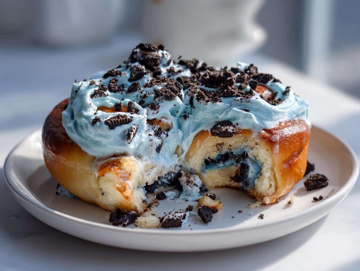 A close-up of a bitten Cookie Monster Cinnamon Roll with blue frosting and Oreo Crumbles on a white plate.