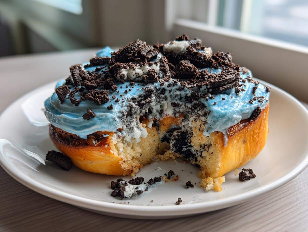A close-up of a Cookie Monster Cinnamon Roll with a bite taken out, showing blue frosting and Oreo Crumbles.