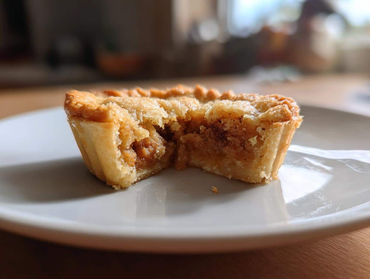 A close-up of a gluten free mini tourtiere on a white plate, with a bite taken out, revealing the savory filling.